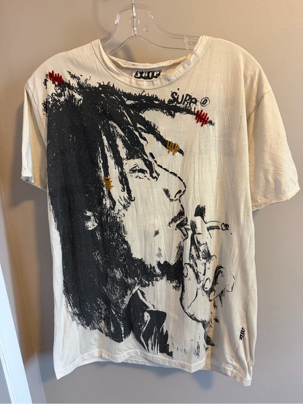 Sure Brand Bob Marley Embroidered Graphic T-Shirt Oatmeal M